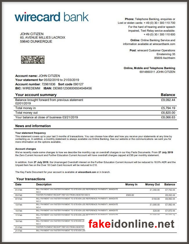 Wirecard Bank Statement PSD Template (Payoneer)